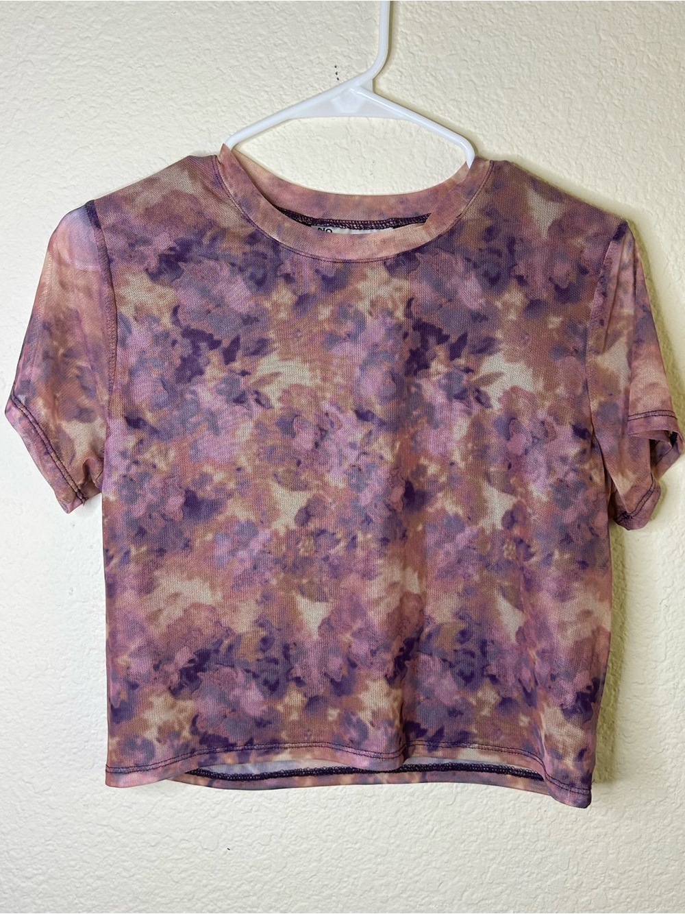 No Boundaries Women’s Cropped Tie-Dye‎ Tee Purple Tan Y2K Short Sleeve Top Large